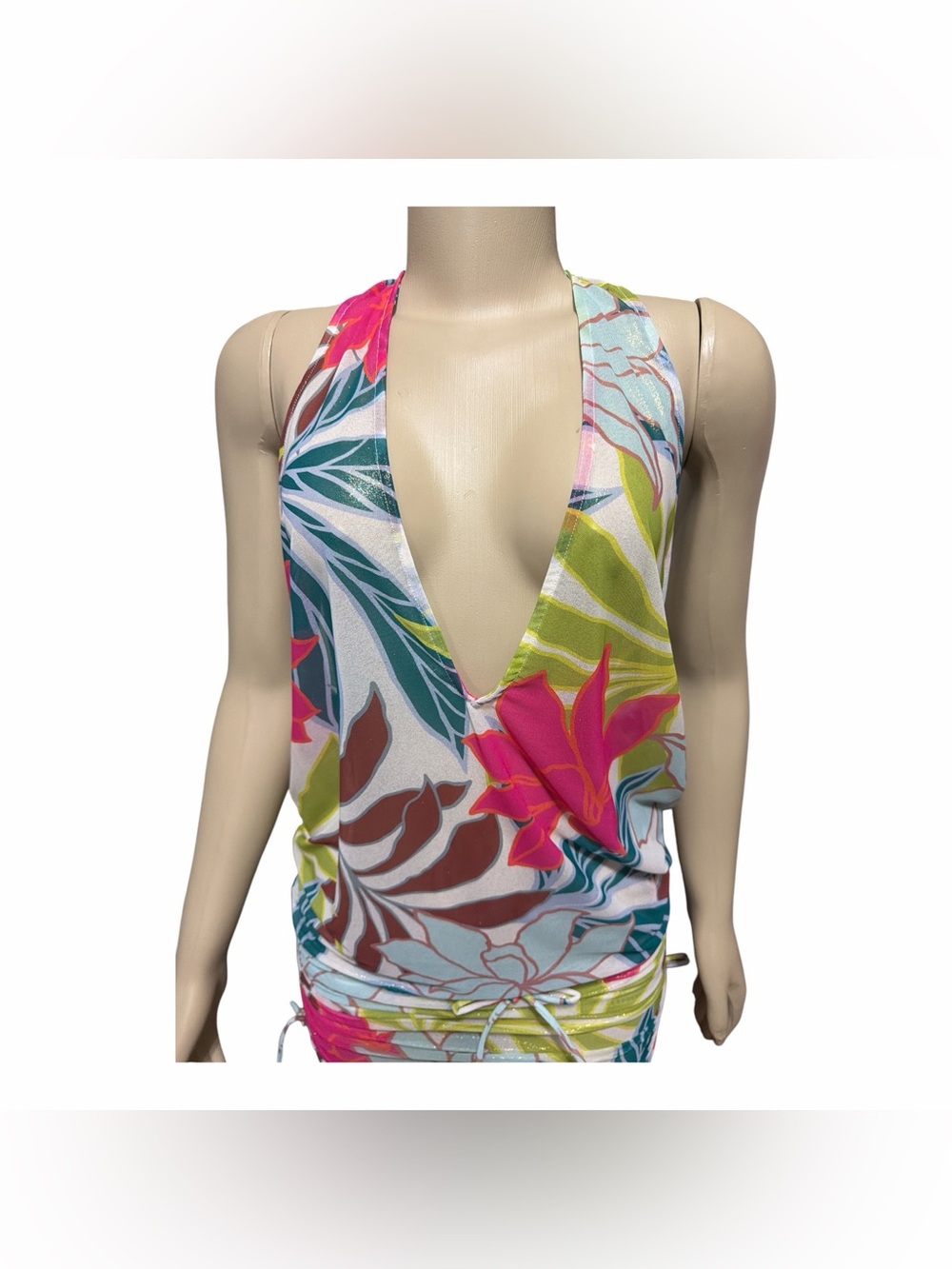 NWT Vince Camuto Swim Size M Racer Back Cover Up Dress Ruched Side Floral Palm - Picture 7 of 13